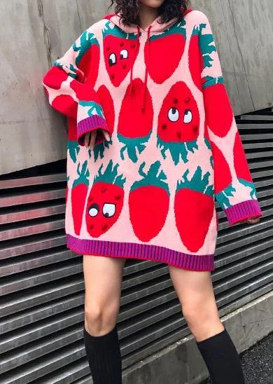 Aesthetic pink print knit blouse Loose fitting knit hooded drawstring tops Balloon Sleeve Blouse Aesthetic pink print knit blouse Loose fitting knit hooded drawstring tops Balloon Sleeve Blouse