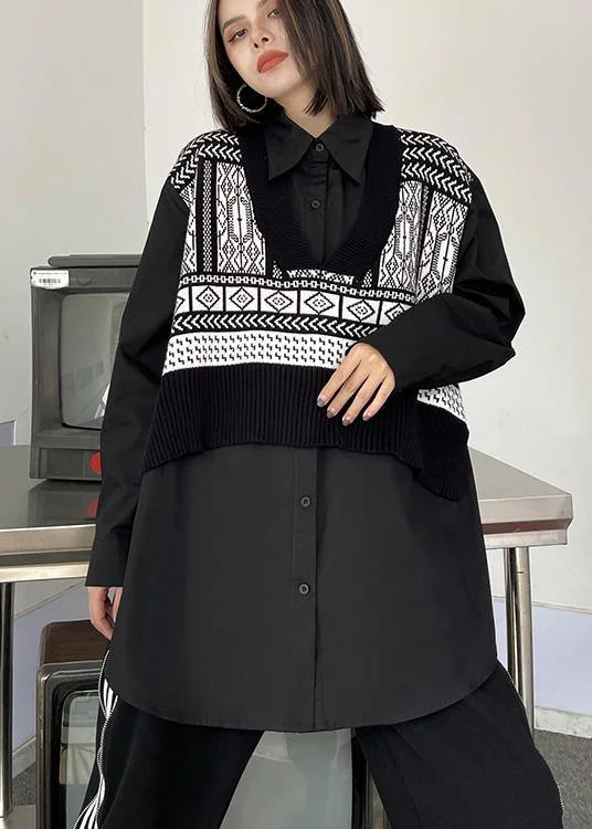 Art Black Clothes For Women Lapel False Two Pieces Loose Spring Blouse Double-Layered Blouse Art Black Clothes For Women Lapel False Two Pieces Loose Spring Blouse Double-Layered Blouse