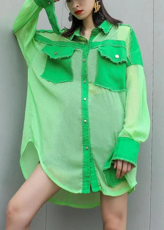 Art green chiffon patchwork tops women blouses big pockets tunic summer blouses Mandarin Collar Blouse Art green chiffon patchwork tops women blouses big pockets tunic summer blouses Mandarin Collar Blouse