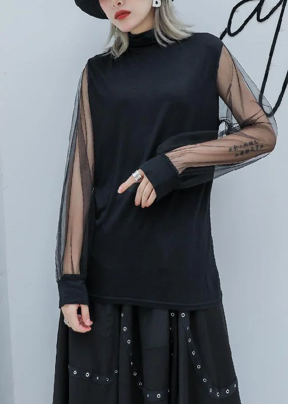 Art high neck cotton clothes Outfits black patchwork tulle sleeve blouses Sleeveless Chiffon Blouse Art high neck cotton clothes Outfits black patchwork tulle sleeve blouses Sleeveless Chiffon Blouse