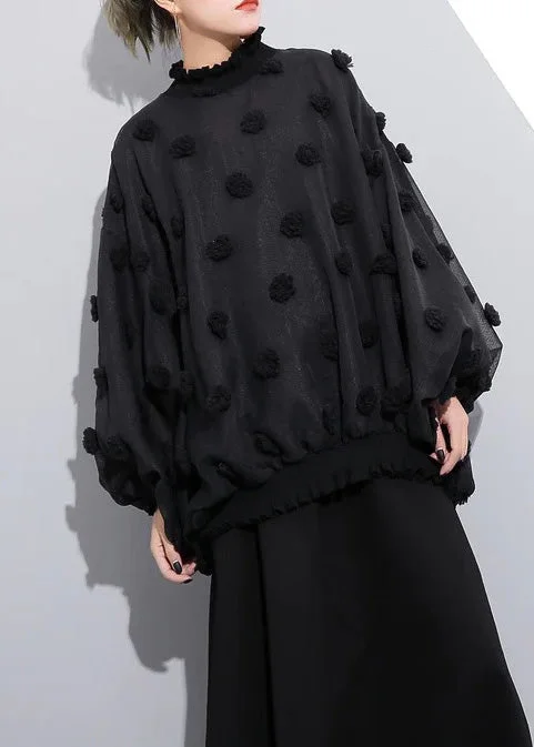 boutique black pure cotton blouse plus size traveling clothing Elegant fuzzy ball decorated cotton blouses Side Tie Blouse boutique black pure cotton blouse plus size traveling clothing Elegant fuzzy ball decorated cotton blouses Side Tie Blouse