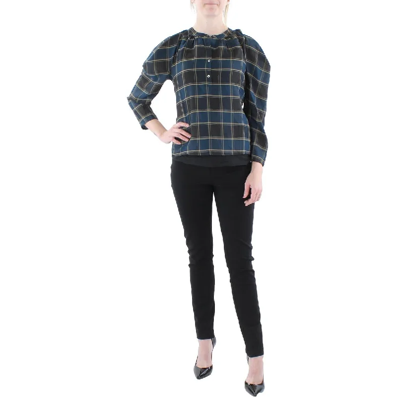 Current Air Womens Plaid Blouse Button-Up Oversized Silk Blouse