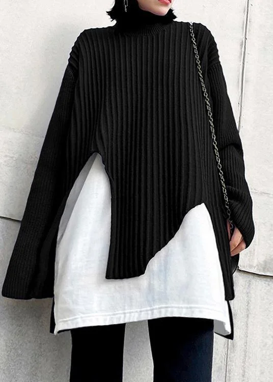 Cute black knit tops o neck false two pieces oversize knitted blouse Silky Draped Blouse Cute black knit tops o neck false two pieces oversize knitted blouse Silky Draped Blouse