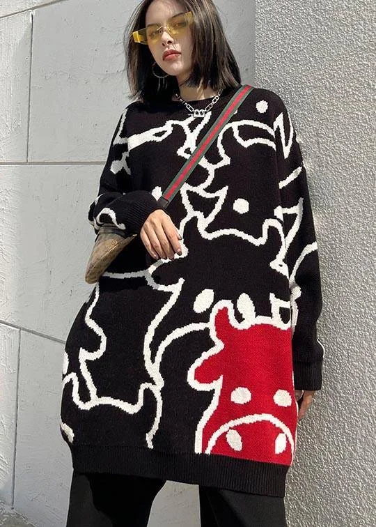 For Work Black Cartoon Flower Weaving Knit Blouse O Neck Plus Size Knit Sweat Tops Pastel Color Blouse For Work Black Cartoon Flower Weaving Knit Blouse O Neck Plus Size Knit Sweat Tops Pastel Color Blouse