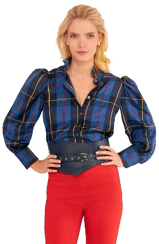 Gretchen Scott Juliette Blouse - Plaidly Cooper - Blue Plaid Casual Button Blouse