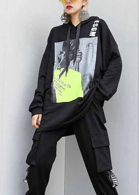 Handmade black cotton tunic pattern hooded oversized fall blouses Elegant Peplum Blouse Handmade black cotton tunic pattern hooded oversized fall blouses Elegant Peplum Blouse