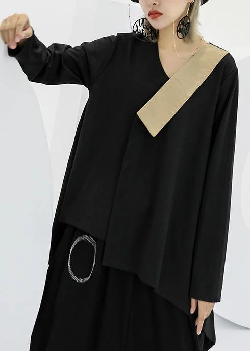 Modern black asymmetric cotton linen tops women v neck silhouette fall blouses Gathered Detail Blouse Modern black asymmetric cotton linen tops women v neck silhouette fall blouses Gathered Detail Blouse