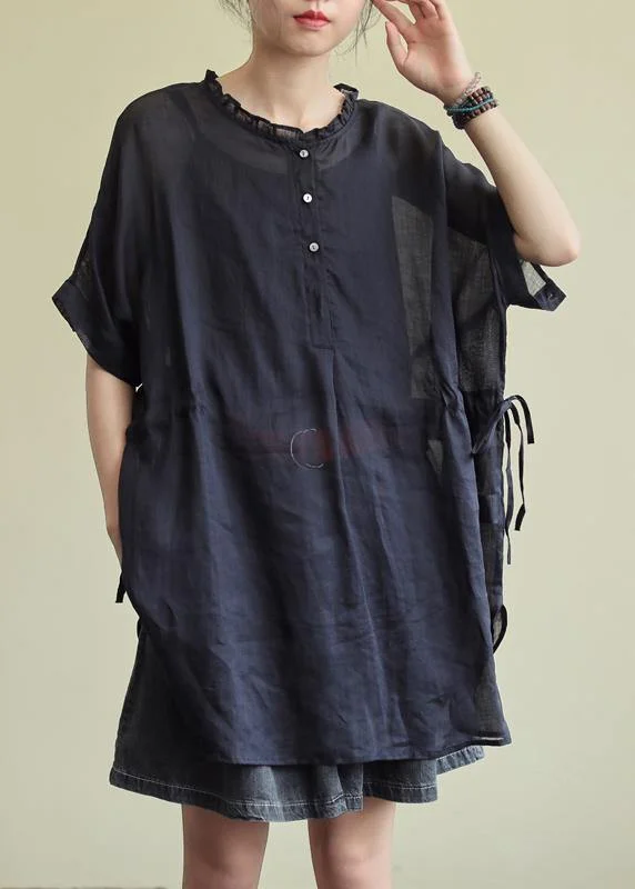 Simple black cotton tunic pattern o neck Ruffles Plus Size Clothing blouses Mandarin Collar Blouse Simple black cotton tunic pattern o neck Ruffles Plus Size Clothing blouses Mandarin Collar Blouse