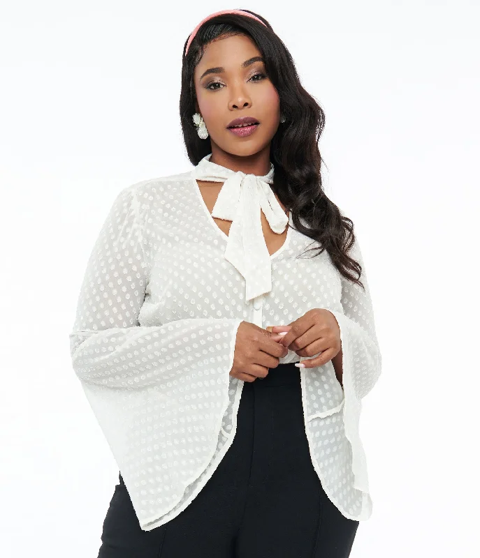 Smak Parlour Plus Size Ivory Diamond Clip Dot Bow Blouse Oversized Silk Blouse