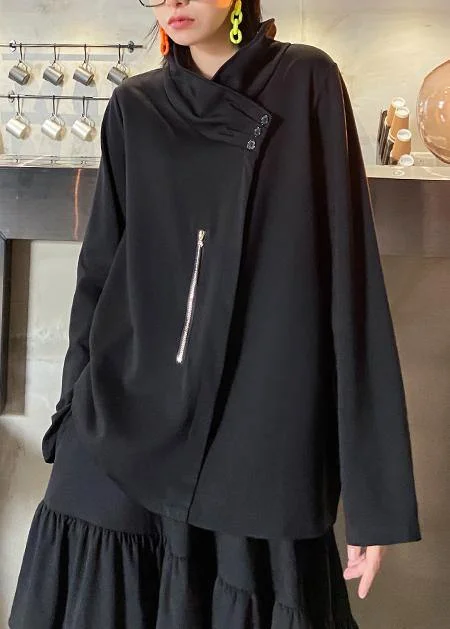 Style zippered Three-dimensional decoration tops women black baggy blouse Elegant Silk Blouse Style zippered Three-dimensional decoration tops women black baggy blouse Elegant Silk Blouse