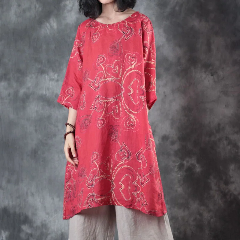 fine red linen tops oversize traveling blouse women half sleeve print O neck linen blouses Loose Oversized Blouse fine red linen tops oversize traveling blouse women half sleeve print O neck linen blouses Loose Oversized Blouse