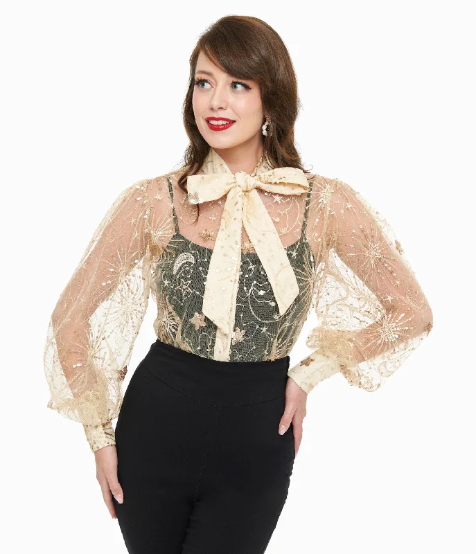 Unique Vintage Champagne Celestial Sequin Sheer Gwen Blouse Sleeveless Summer Blouse Unique Vintage Champagne Celestial Sequin Sheer Gwen Blouse Sleeveless Summer Blouse