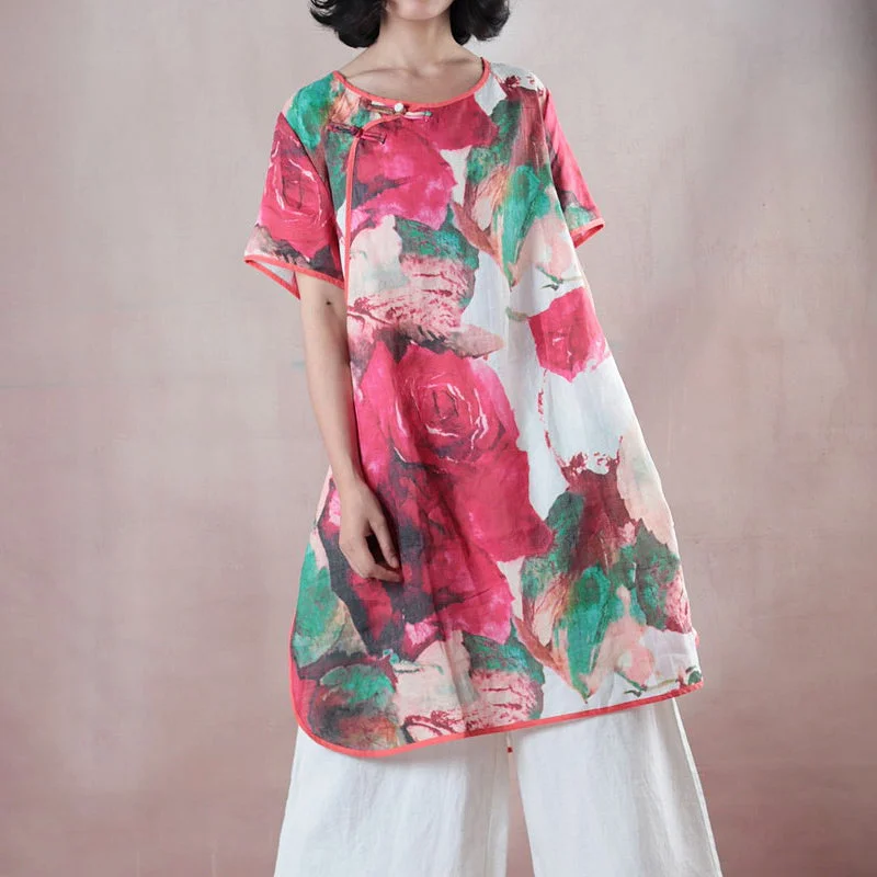 vintage red Midi-length linen t shirt Loose fitting shirts boutique half sleeve print O neck Chinese Button linen blouses Satin Bow Blouse vintage red Midi-length linen t shirt Loose fitting shirts boutique half sleeve print O neck Chinese Button linen blouses Satin Bow Blouse