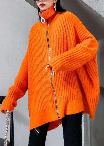 Winter orange knit tops trendy plus size high neck zippered knit blouse Soft Knit Blouse Winter orange knit tops trendy plus size high neck zippered knit blouse Soft Knit Blouse