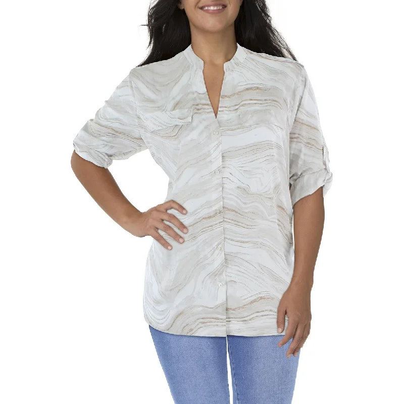 Calvin Klein Womens Plus Printed Button Down Blouse Sleeveless Summer Blouse