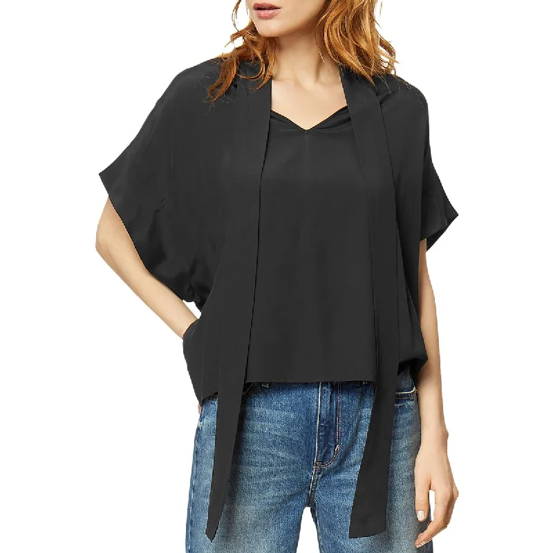 Habitual Womens McKenna Cropped Tie Neck Blouse Silky Tunic Blouse