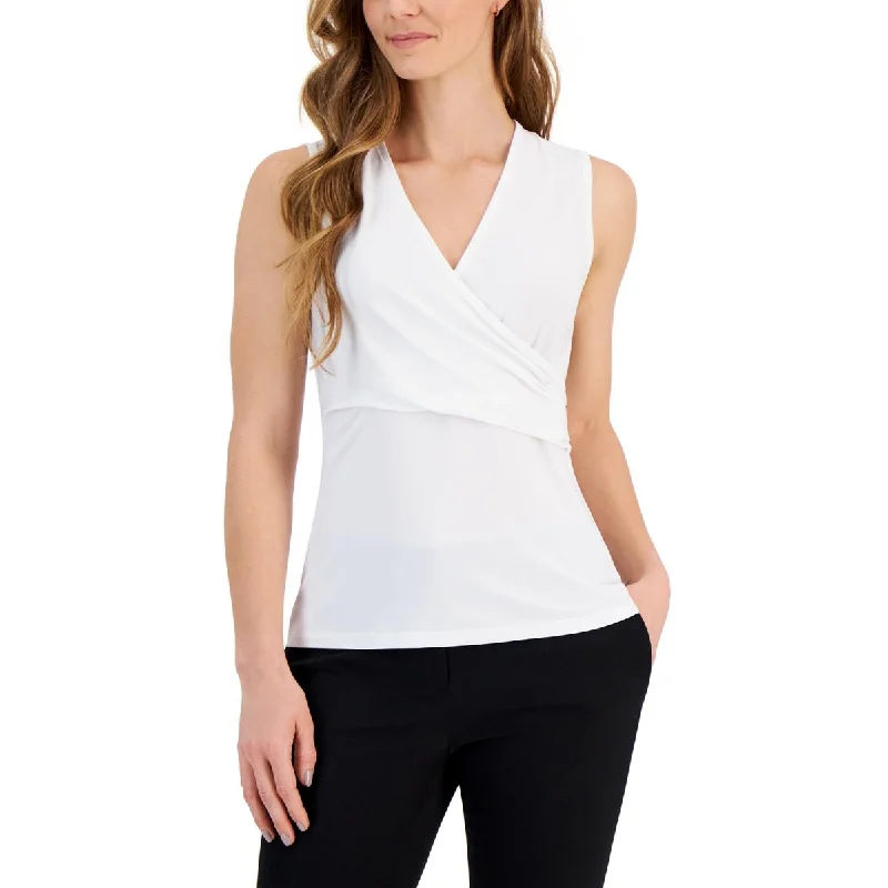 Kasper Womens Petites Faux-Wrap Sleeveless Blouse Flowy Bohemian Blouse