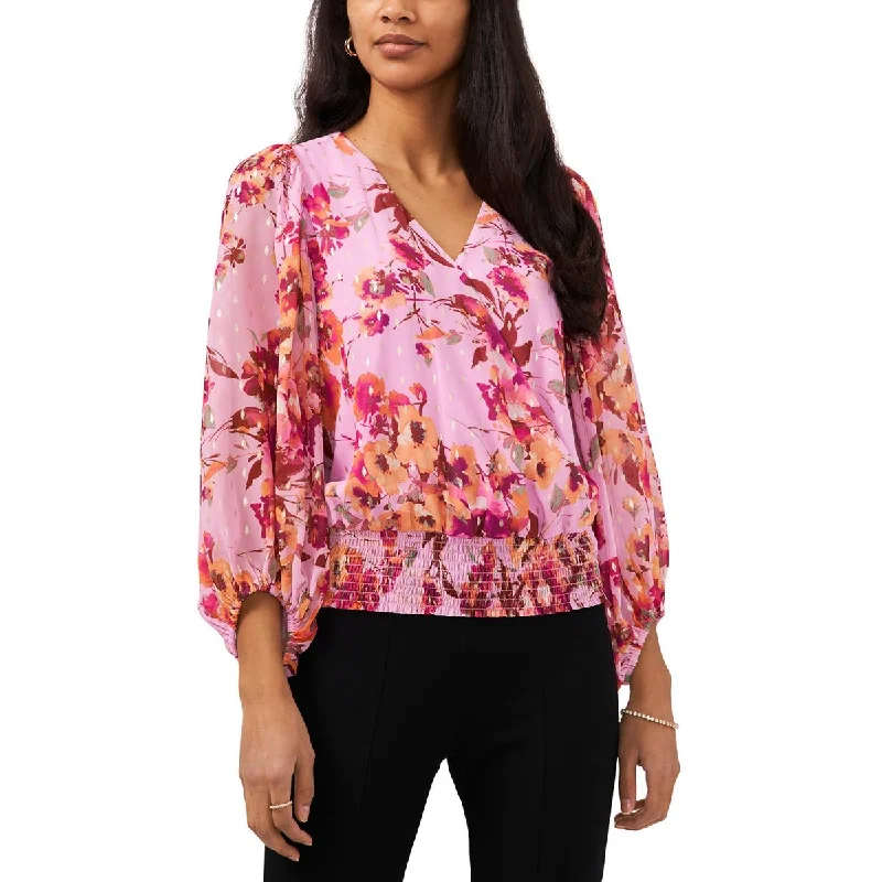 MSK Womens Petites Metallic Floral Print Blouse Cotton Casual Blouse