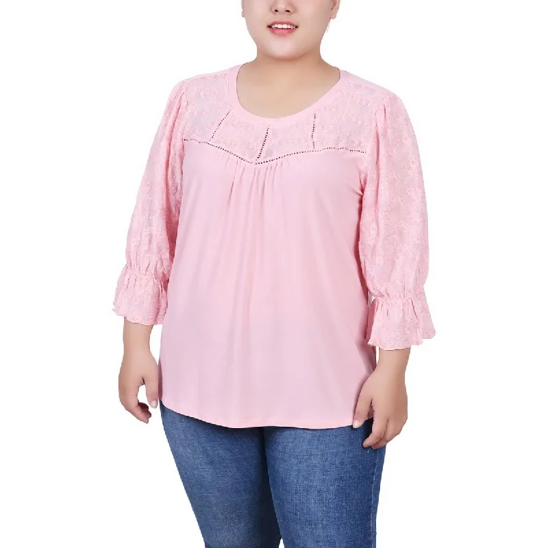 NY Collection Womens Floral Print Blouse Bell Sleeve Blouse