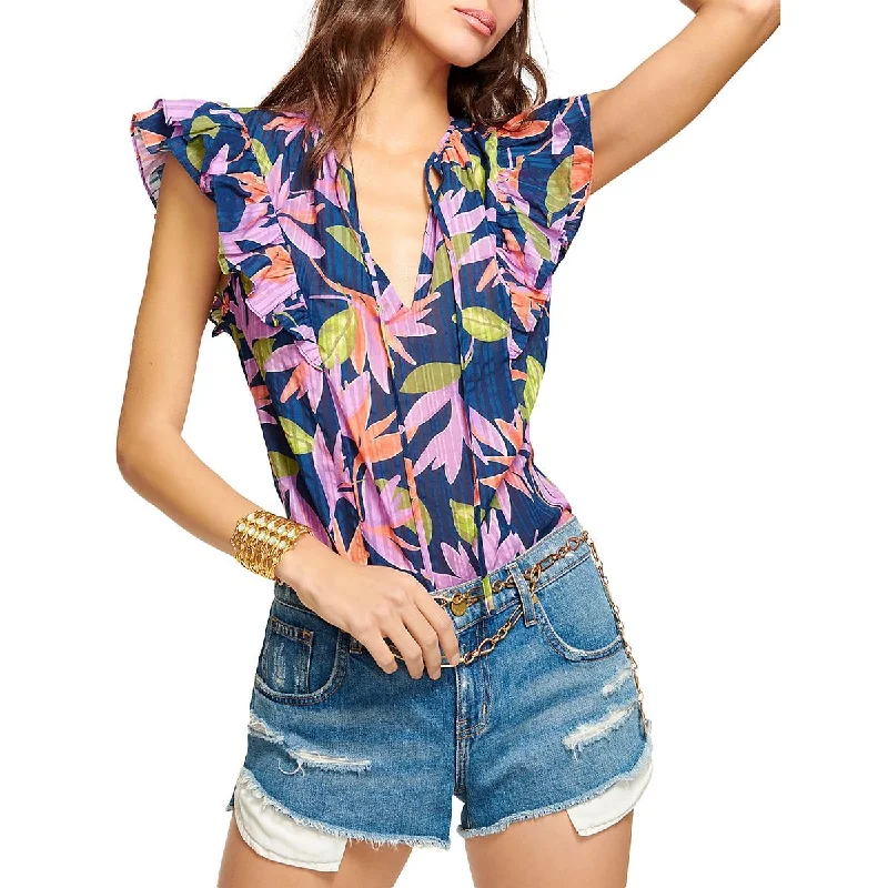 Ramy Brook Womens Orla Ruffled Sleeve Tie Neck Blouse Versatile Layering Blouse