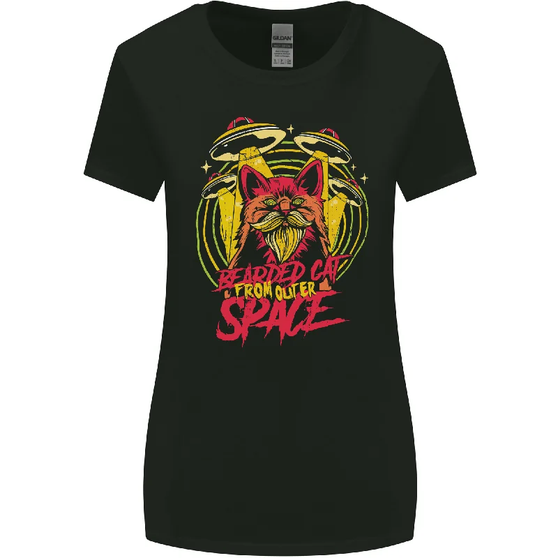 Bearded Cat From Space Outer Aliens UFO Womens Wider Cut T-Shirt Real Fur Shearling Chenille