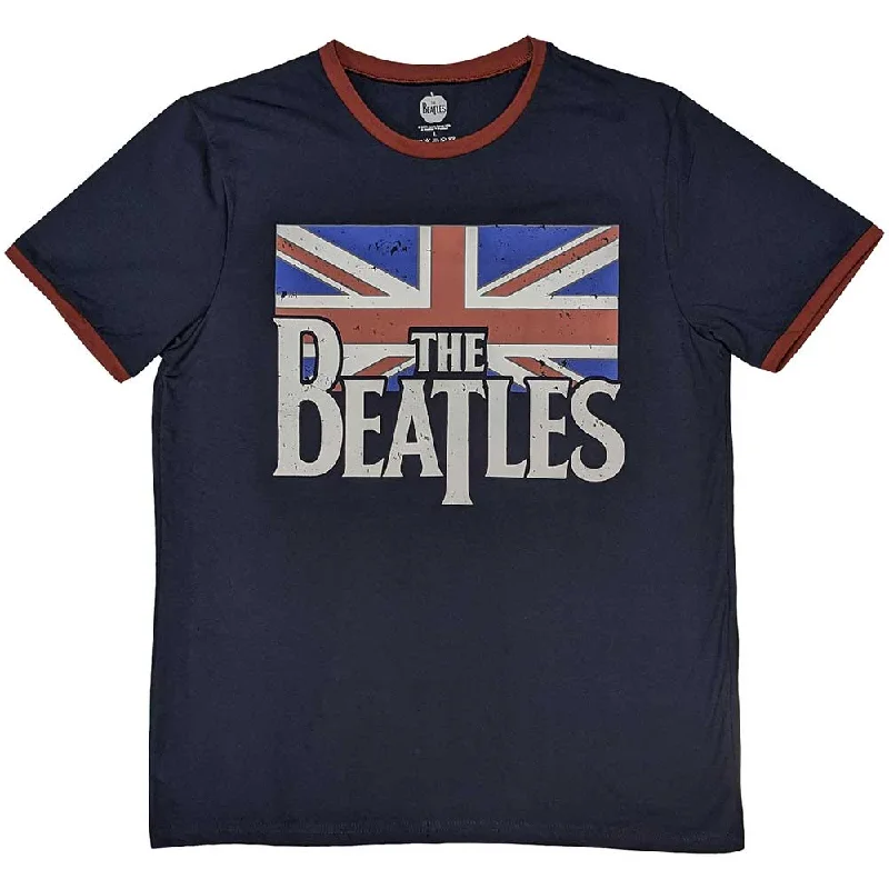 The Beatles | Official Band Ringer T-Shirt | Drop T Logo & Vintage Flag Hooded Caped Shawl Collar