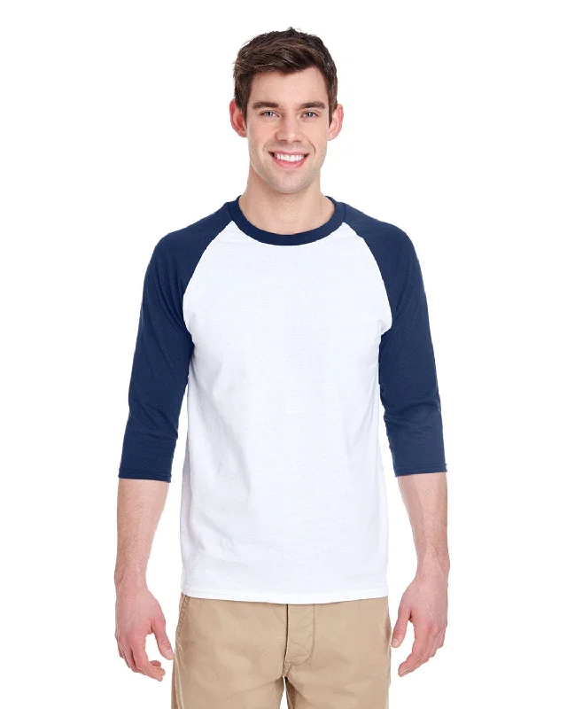 Gildan Heavy Cotton 3/4-Raglan Sleeve T-Shirt | White/ Navy Solid Color Striped Floral Gildan Heavy Cotton 3/4-Raglan Sleeve T-Shirt | White/ Navy Solid Color Striped Floral