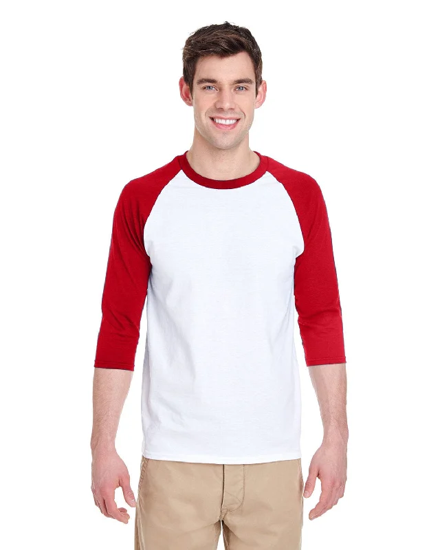 Gildan Heavy Cotton 3/4-Raglan Sleeve T-Shirt | White/ Red Zippered Buttoned Snapped Gildan Heavy Cotton 3/4-Raglan Sleeve T-Shirt | White/ Red Zippered Buttoned Snapped