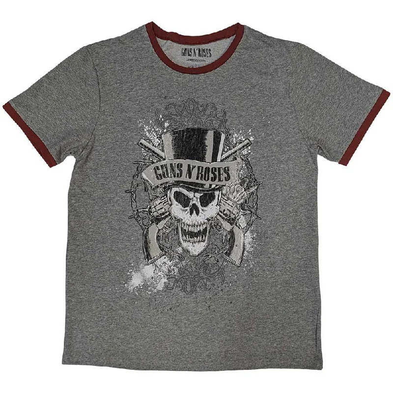 Guns N' Roses | Official Band Ringer T-Shirt | Faded Skull Chenille Fabric Brocade Fabric Lace Fabric