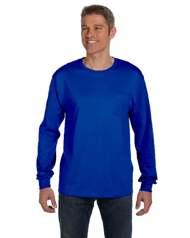 Hanes Tagless Long Sleeve Pocket T-Shirt | Deep Royal Thin T-Shirt Open Front Quick Dry