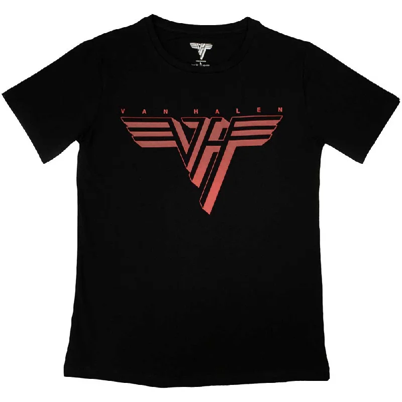 Van Halen | Official Band Ladies T-Shirt | Classic Red Logo Notch Collar Peter Pan Collar Cowl Neck Van Halen | Official Band Ladies T-Shirt | Classic Red Logo Notch Collar Peter Pan Collar Cowl Neck