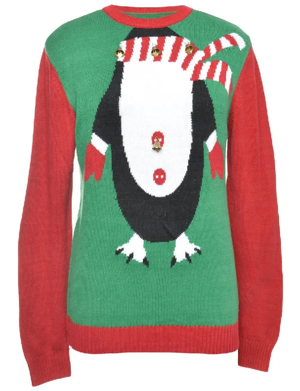 Beyond Retro Reworked Christmas Jumper With Bells - M Handmade Hand-knitted Hand-woven Beyond Retro Reworked Christmas Jumper With Bells - M Handmade Hand-knitted Hand-woven