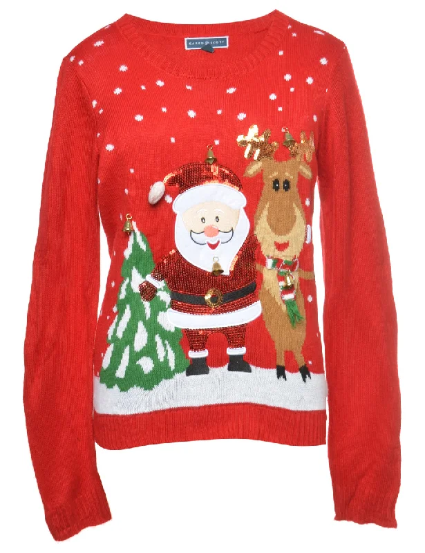 Beyond Retro Reworked Christmas Jumper With Bells - XL Boat Neck Shawl Collar Notched Collar Beyond Retro Reworked Christmas Jumper With Bells - XL Boat Neck Shawl Collar Notched Collar