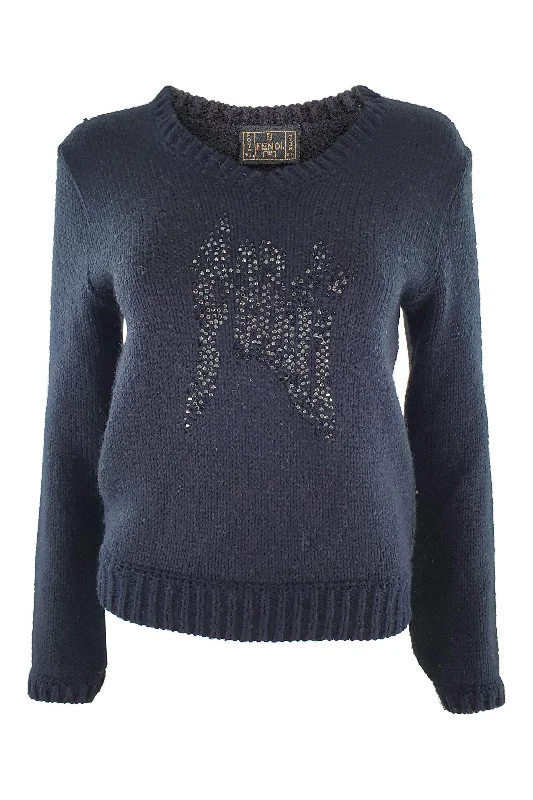 FENDI Black Wool Blend Medium Knit Fendi Encrusted Jumper (S) Boxy Sweater Fitted Sweater A-Line FENDI Black Wool Blend Medium Knit Fendi Encrusted Jumper (S) Boxy Sweater Fitted Sweater A-Line