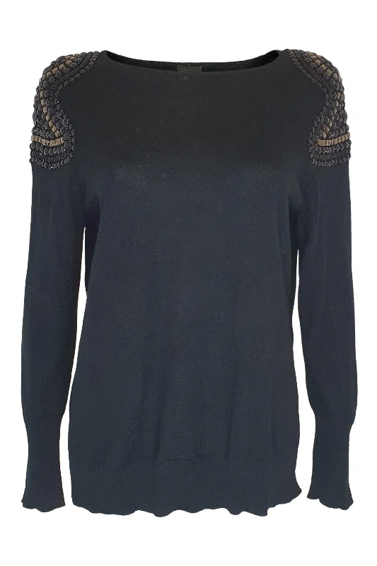 MADELEINE Black Virgin Wool Beaded Shoulder Long Sleeve Jumper (UK 14) Turtle Neck Boat Neck Asymmetrical Neck MADELEINE Black Virgin Wool Beaded Shoulder Long Sleeve Jumper (UK 14) Turtle Neck Boat Neck Asymmetrical Neck