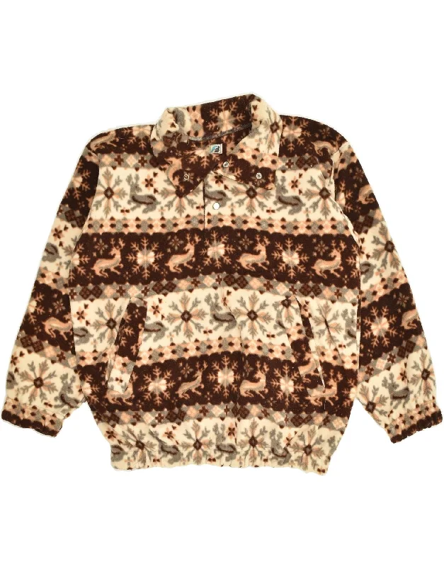 VINTAGE Womens Button Neck Fleece Jumper UK 18 XL Brown Animal Print Welt Pockets Slit Pockets Flap Pockets VINTAGE Womens Button Neck Fleece Jumper UK 18 XL Brown Animal Print Welt Pockets Slit Pockets Flap Pockets