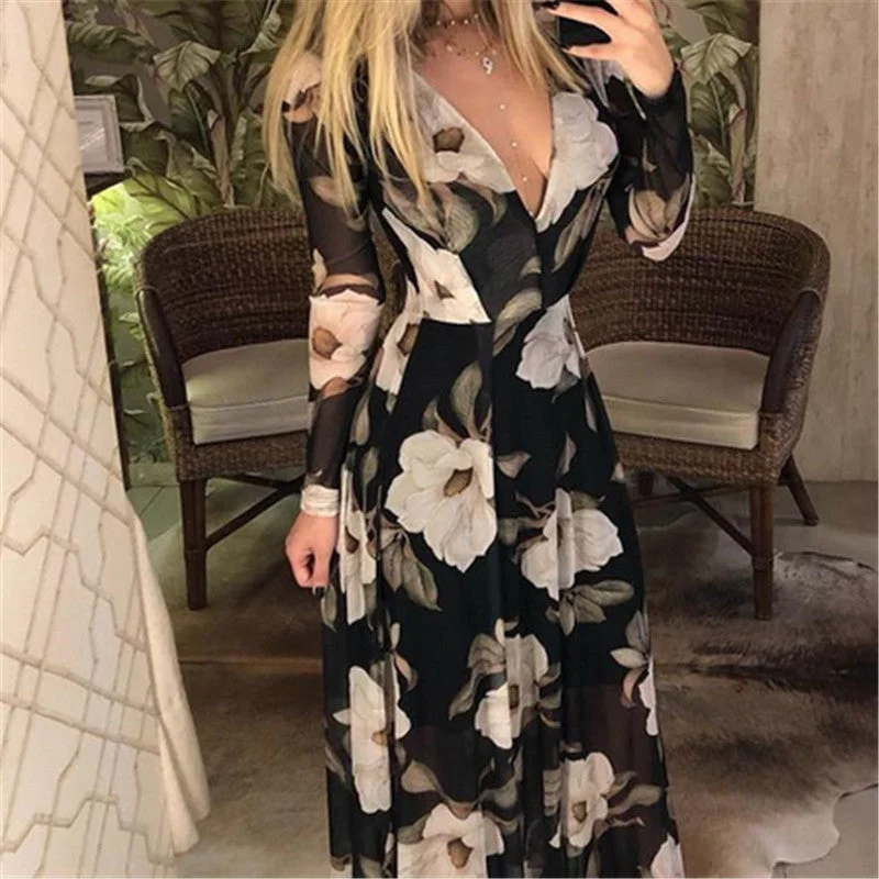 Julia Fashion - Women's Sexy V-Neck Long Sleeve Print Long Maxi Dress Stylish Long Sleeve Maxi Dress Julia Fashion - Women's Sexy V-Neck Long Sleeve Print Long Maxi Dress Stylish Long Sleeve Maxi Dress