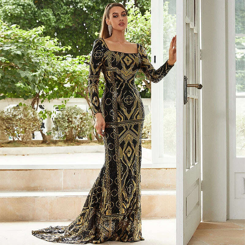 2024 Elegant Ladies Vestido De Festa Square Collar Long Sleeve Black Gold Sequined Formal Occasion Evening Party Maxi Dresses Fashionable Sleeveless Maxi Dress 2024 Elegant Ladies Vestido De Festa Square Collar Long Sleeve Black Gold Sequined Formal Occasion Evening Party Maxi Dresses Fashionable Sleeveless Maxi Dress
