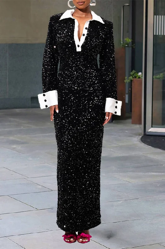 Chic Sequin Panel Shift Maxi Dress Stylish One-Shoulder Maxi Dress