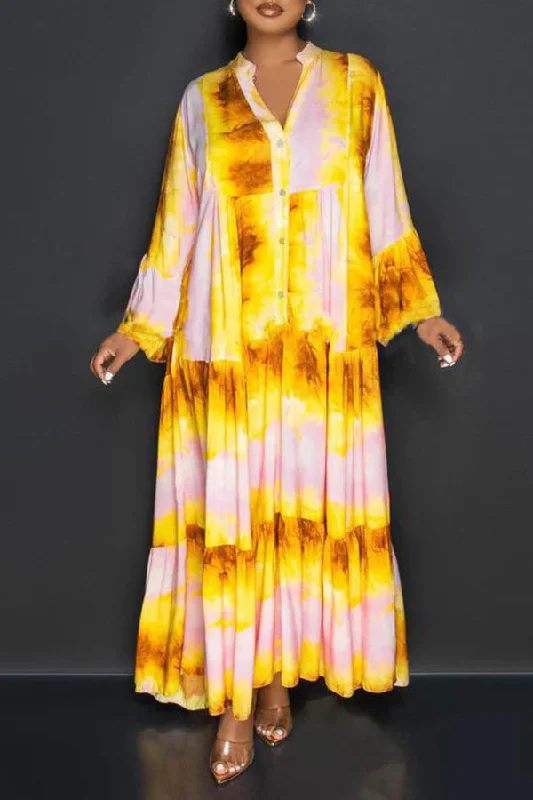 Stylish Allover Print Ruffle Hem Maxi Dress Comfortable Ruffle Hem Maxi Dress