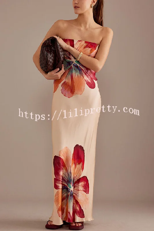 Charming Lady Satin Floral Print Bandeau Loose Maxi Dress Chic Summer Maxi Dress