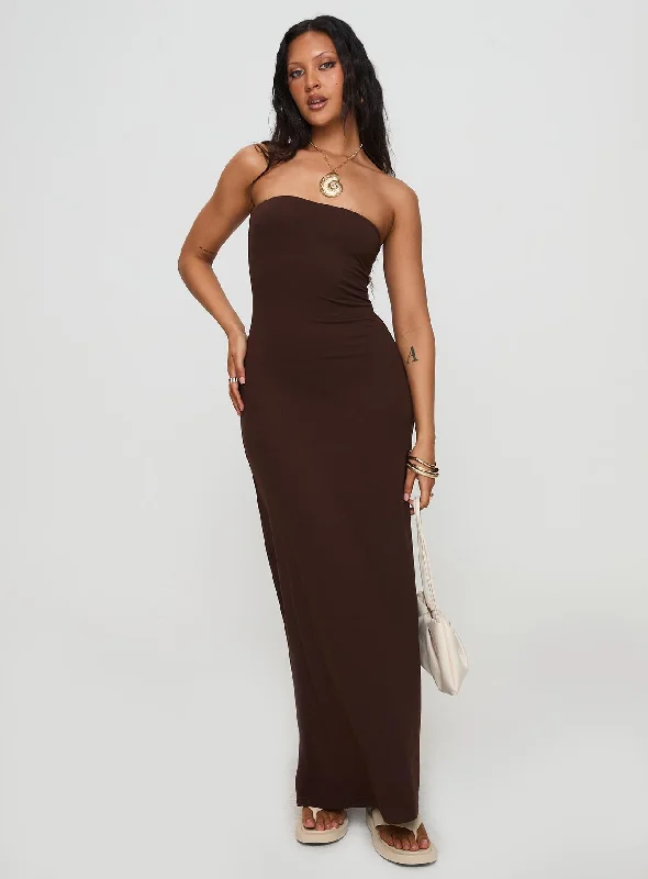 Bellaire Strapless Maxi Dress Brown Cozy Spaghetti Strap Maxi Dress