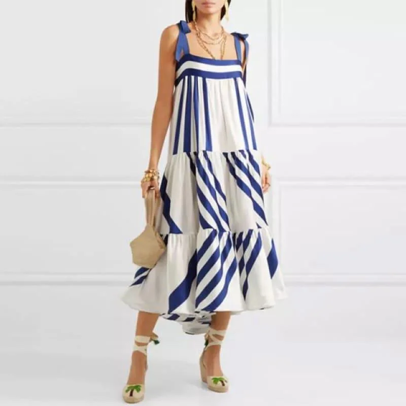 Blue and White Striped Spaghetti Strap Long Back Less Bow Lace Up Maxi Dress Elegant Maxi Dress with Ruffles Blue and White Striped Spaghetti Strap Long Back Less Bow Lace Up Maxi Dress Elegant Maxi Dress with Ruffles