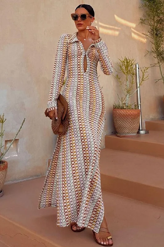 Boho Collared V Neck Split Wavy Striped Crochet Beach Vacation Maxi Dress - Brown Trendy Maxi Dress with Lace Boho Collared V Neck Split Wavy Striped Crochet Beach Vacation Maxi Dress - Brown Trendy Maxi Dress with Lace