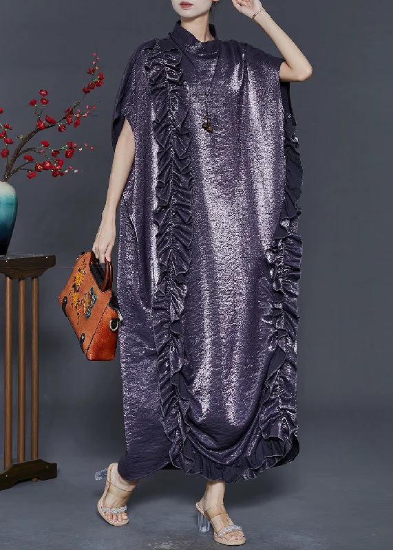 Charcoal Grey Silk Maxi Dresses Ruffled Summer Comfortable Maxi Dress with Belt