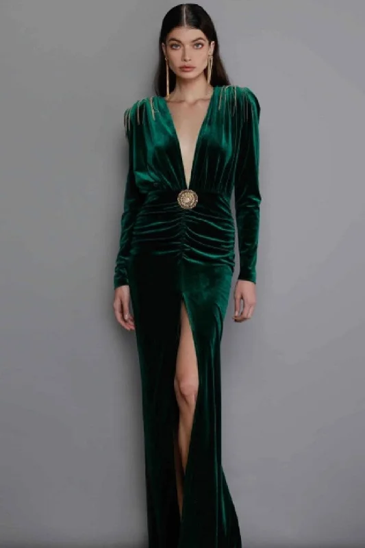 Deep V Long Sleeve Fringe Evening Maxi Dress - Emerald Green Classic Solid Maxi Dress Deep V Long Sleeve Fringe Evening Maxi Dress - Emerald Green Classic Solid Maxi Dress