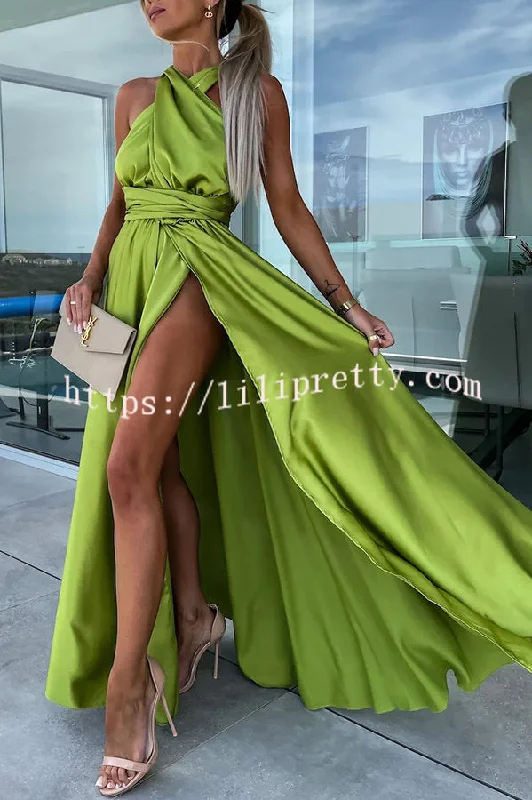 Lilipretty Different Elegant Effects Satin Free Tie Neck Slit Maxi Dress Classic A-Line Maxi Dress