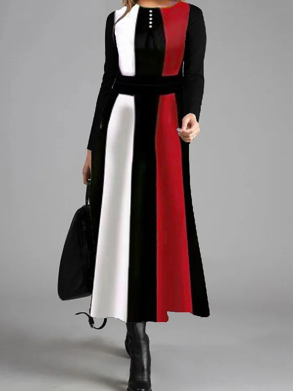 Elegant Retro Color Matching Long Sleeve Maxi Dress Comfortable Satin Maxi Dress