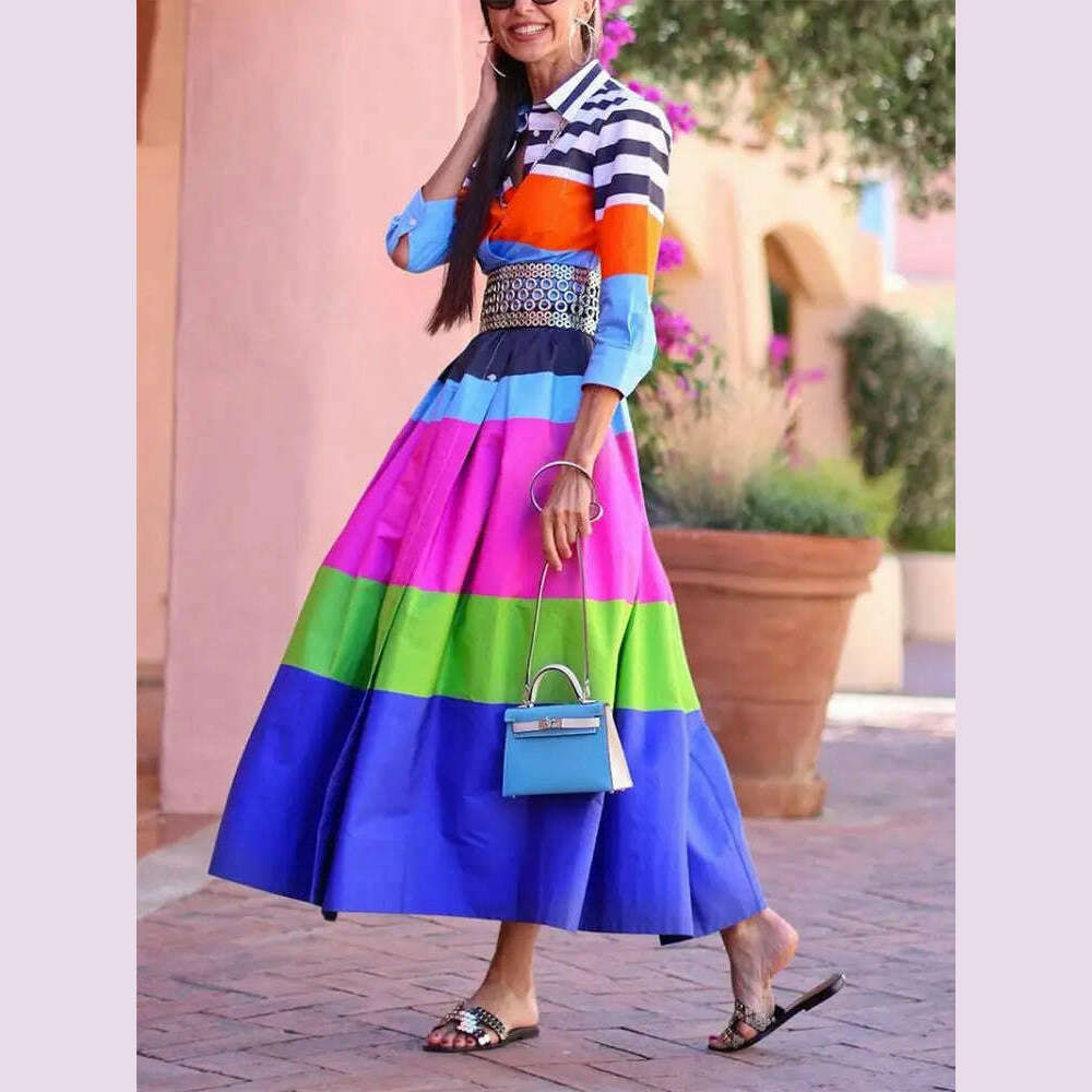 Freeacy 2024 New Women's Lapel Long Sleeves Shirt Dress Multi-colored Striped A-line Maxi Dress Female Stylish Vacation Dress Fashionable Sleeveless Maxi Dress