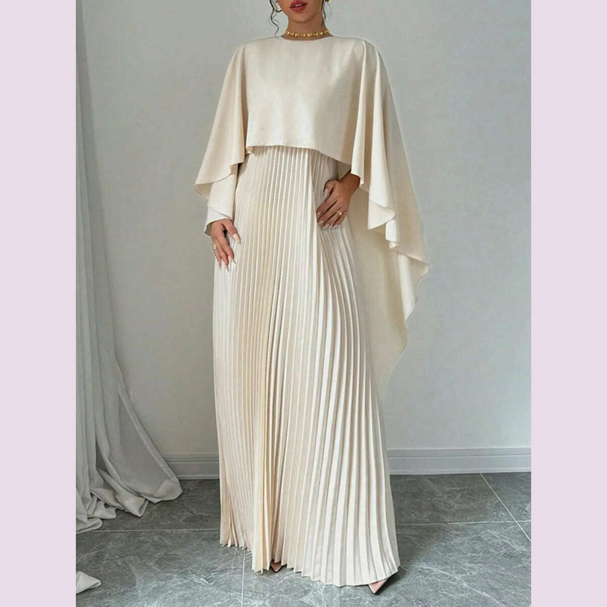 Freeacy Women's Autumn New Solid Color Elegant Evening Dresses Round Neck Wrap Sleeves Ruffled High Neck Pleated Maxi Dress Comfortable Long-Sleeve Maxi Dress Freeacy Women's Autumn New Solid Color Elegant Evening Dresses Round Neck Wrap Sleeves Ruffled High Neck Pleated Maxi Dress Comfortable Long-Sleeve Maxi Dress